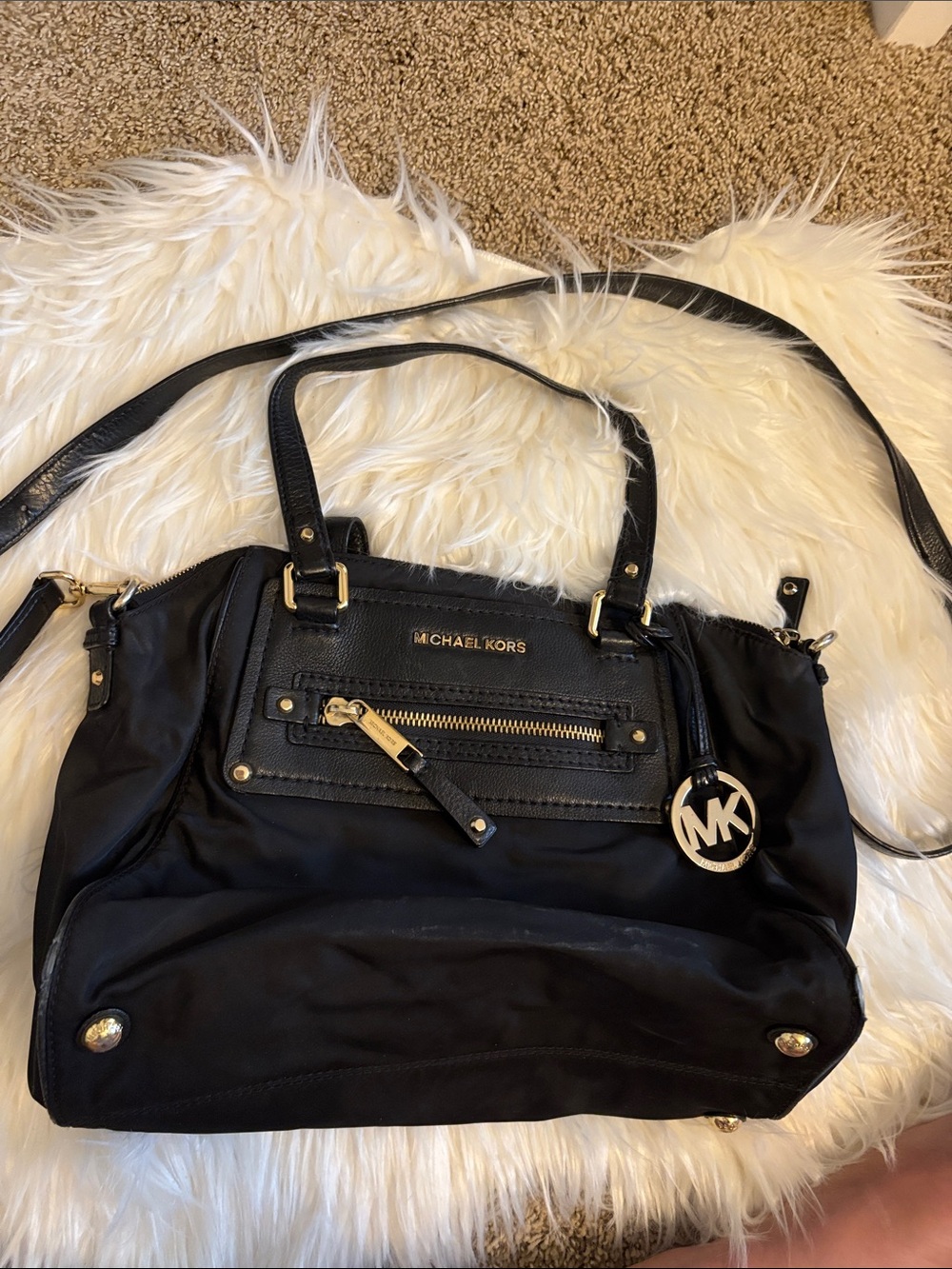 Michael Kors Black Shoulder Tote with Gold Hardware and MK Charm